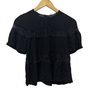 Zara Woman Blouse Womens XS Black Lace Trim Textured Short Sleeve Keyhole Back